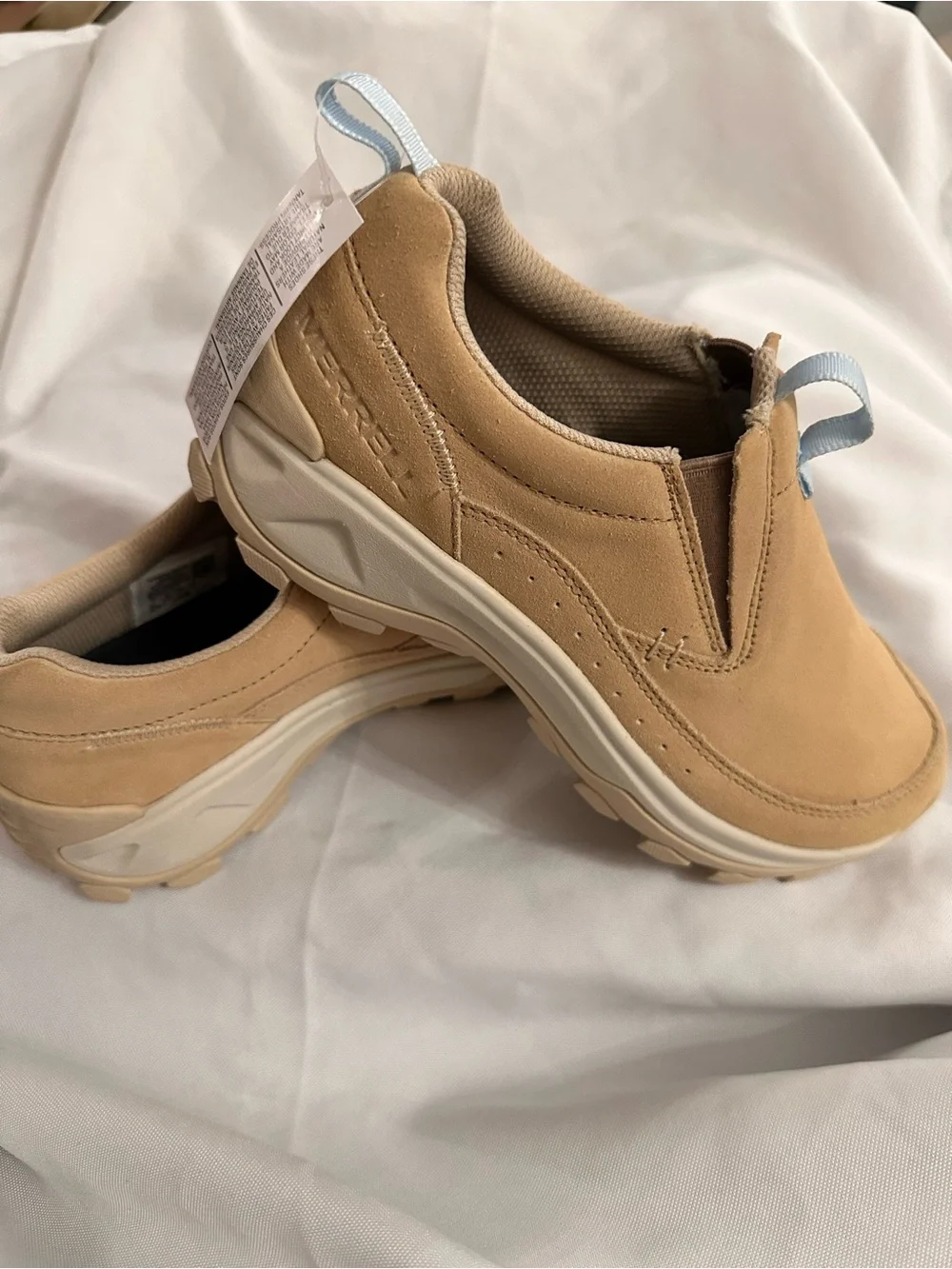 Merrell Women's Slip-On Sneakers in Tan with Light Blue Pull Tabs